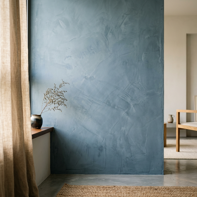 Blue Lime Plaster feature wall interior
